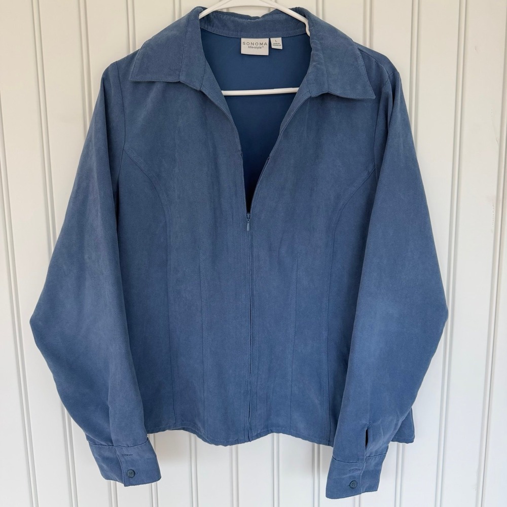Blue faux suede jacket zip 90s Sonoma sleek classy lightweight western boho VTG